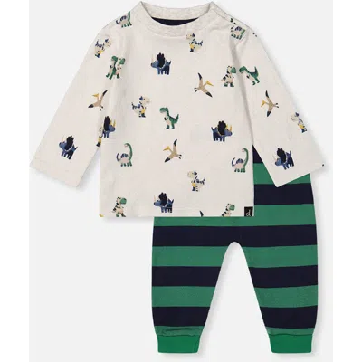 Deux Par Deux Babies'  Dinosaur Long Sleeve T-shirt & Striped Fleece Pants Set In Multi