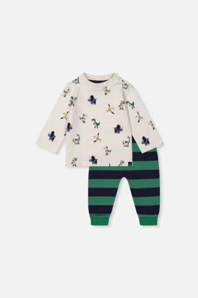 Deux Par Deux Babies'  Dinosaur Long Sleeve T-shirt & Striped Fleece Pants Set In Multi
