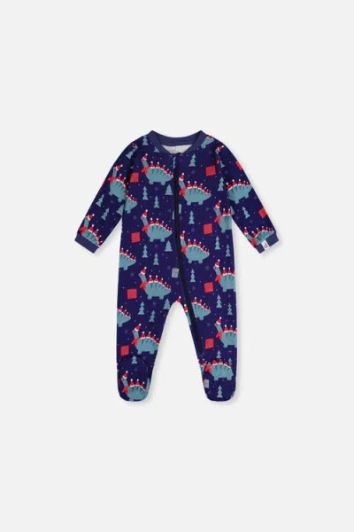 Deux Par Deux Babies'  Dinosaur Organic Cotton Front Zipper Footed One Piece Pajama In Blue