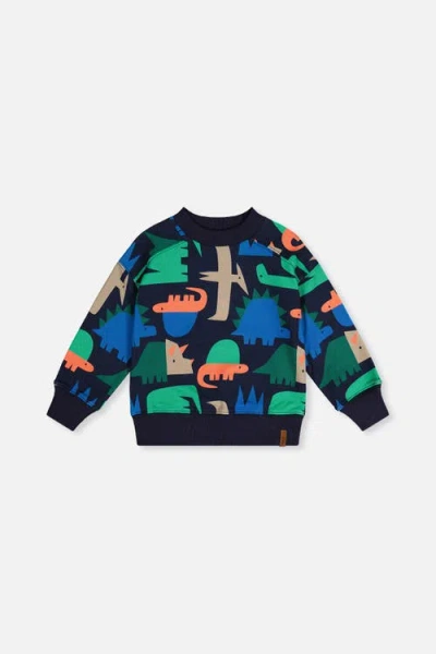 Deux Par Deux Kids'  Dinosaur Ribbed Cuffs Fleece Sweatshirt In Animal Print
