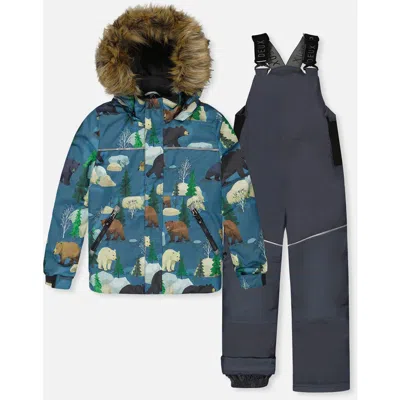 Deux Par Deux Kids'  Discover Bear Jacket Snow Pants Two Piece Snowsuit In Blue