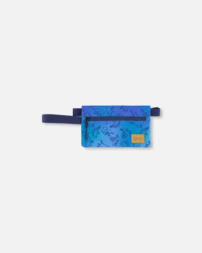 Deux Par Deux Kids' Double Pencil Case Blue Gradient Dinosaur Print