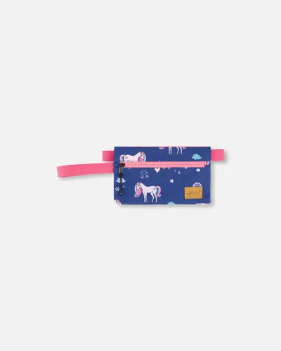 Deux Par Deux Kids' Double Pencil Case Navy Unicorn Print In Blue