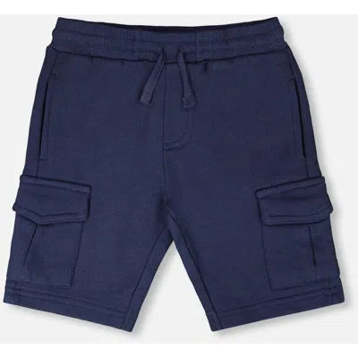 Deux Par Deux Babies'  Elastic Waistband Slit And Cargo Pockets French Terry Shorts In Blue