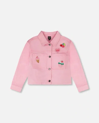 Deux Par Deux Kids'  Embroidered Patches Denim Jacket In Pink