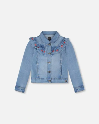 Deux Par Deux Kids'  Embroidery Long Sleeve Denim Jacket In Blue