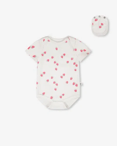 Deux Par Deux Babies'  Evolutive Cotton Rib Jersey Strawberries Printed Bodysuit In White