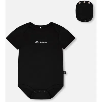 Deux Par Deux Babies'  Evolutive Organic Cotton Jersey "mister Zebra" Bodysuit In Black