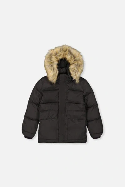 Deux Par Deux Kids'  Faux Fur Hood Cargo Pocket Winter Jacket In Black