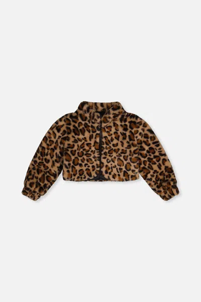 Deux Par Deux Kids' Faux Fur Jacket Brown Leopard Print