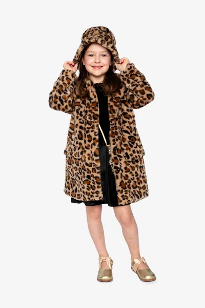 Deux Par Deux Kids' Faux Fur Long Coat Brown Leopard Print In Burgundy