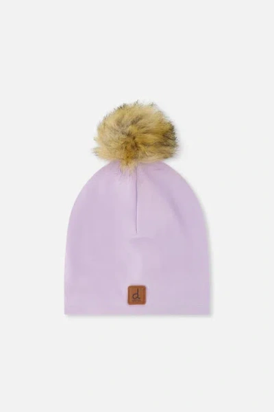 Deux Par Deux Babies'  Faux Fur Pompom Logo Patch Jersey Hat In Purple
