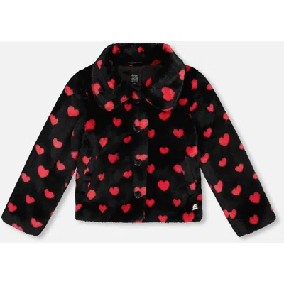 Deux Par Deux Kids'  Faux Fur Short Coat With Hearts In Black
