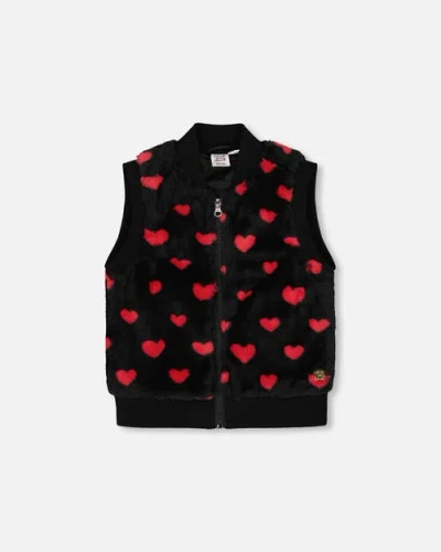 Deux Par Deux Kids'  Faux Fur Sleeveless Vest With Hearts In Black