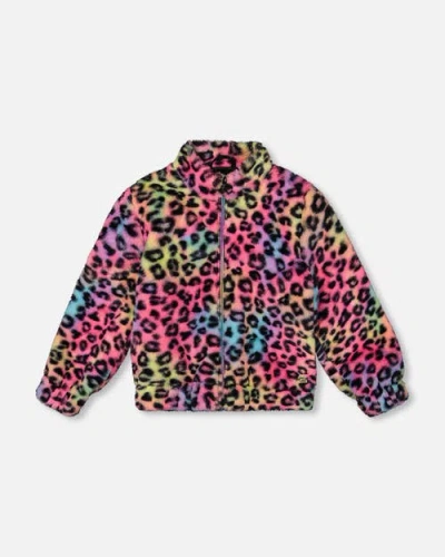Deux Par Deux Kids'  Faux Fur Zipped Jacket Multicolor Leopard In Animal Print