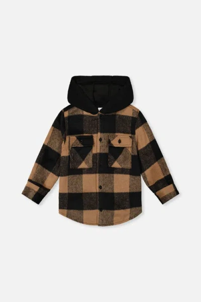 Deux Par Deux Kids' Flannel Shirt With Fleece Hood Brown And Black Plaid In Multi