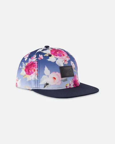 Deux Par Deux Kids' Flat Brim Allover Print Cap Blue Rose Print In Multi