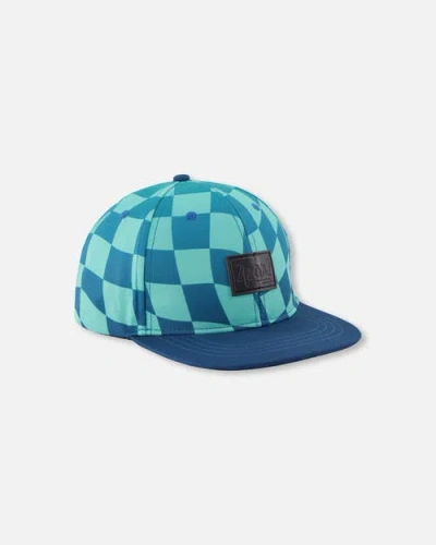 Deux Par Deux Kids'  Flat Brim Checkerboard Cap In Blue