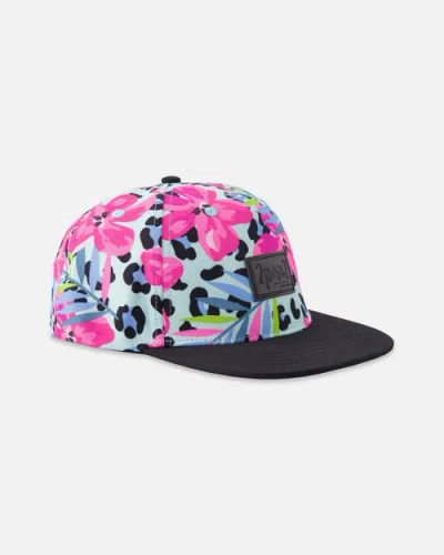 Deux Par Deux Kids'  Flat Brim Floral And Leopard Cap In Blue
