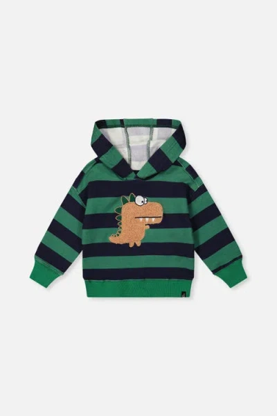 Deux Par Deux Kids'  Fleece Dino Applique Striped Hoodie In Green