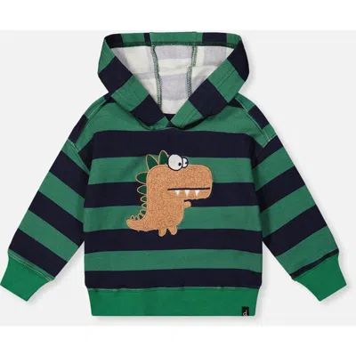 Deux Par Deux Babies'  Fleece Dino Applique Striped Hoodie In Green