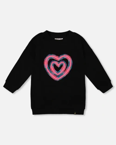 Deux Par Deux Kids'  Fleece Jacquard Tunic With Heart Applique In Black