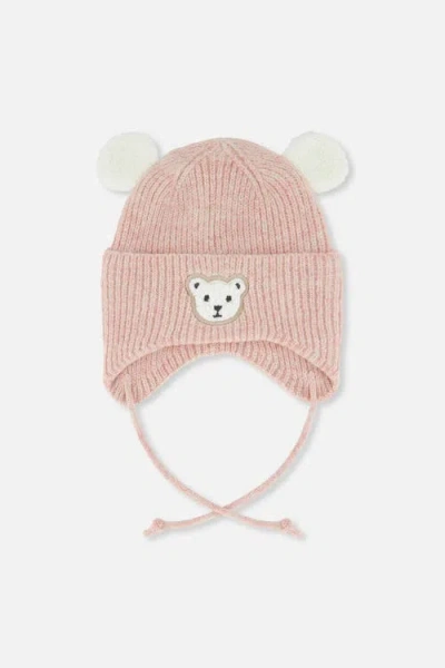 Deux Par Deux Babies'  Fleece Lined Bear Ear Winter Knit Hat With Ear Flaps In Pale Dusty Pink