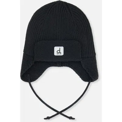 Deux Par Deux Kids'  Fleece Lined Ear Flap String Winter Knit Hat In Black