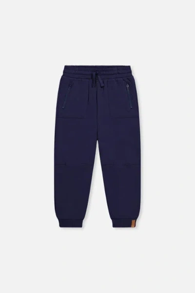 Deux Par Deux Kids'  Fleece Zippered Pockets Ribbed Cuffs Sweatpants In Dark Blue