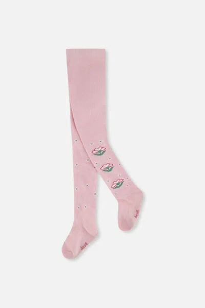 Deux Par Deux Kids'  Floral Motif Ribbed Waistband Knit Tights In Pink