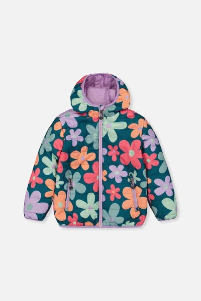 Deux Par Deux Kids'  Floral Quilted Hooded Zip Pocket Mid-season Jacket In Blue