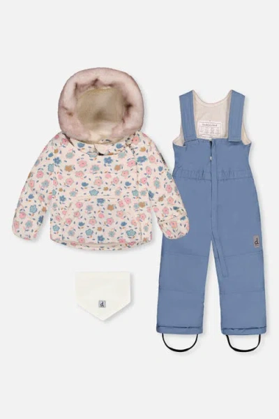 Deux Par Deux Babies'  Floral Two Piece Coat Pants & Neckwarmer Snowsuit In White With Floral Print