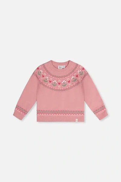 Deux Par Deux Kids'  Flower Jacquard Yoke Ribbed Cuff Sweater In Pink