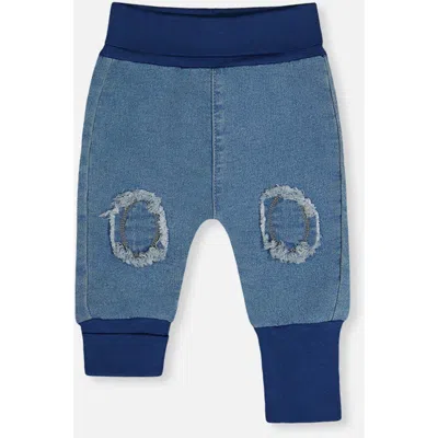 Deux Par Deux Kids'  French Terry Denim Knee Patch Foldover Waist Evolutive Pants In Blue