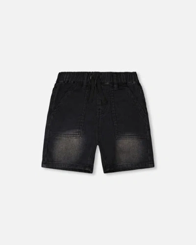 Deux Par Deux Kids'  French Terry Elastic Waist Drawstring Denim Shorts In Black
