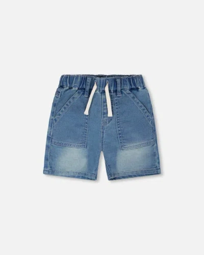 Deux Par Deux Kids'  French Terry Elastic Waist Drawstring Denim Shorts In Blue