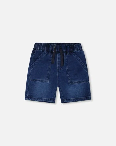 Deux Par Deux Kids'  French Terry Elastic Waist Drawstring Denim Shorts In Blue