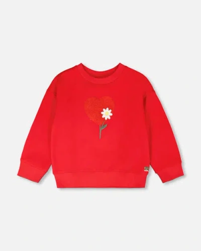 Deux Par Deux Kids'  French Terry Heart And Flower Embroidery Sweatshirt In Red