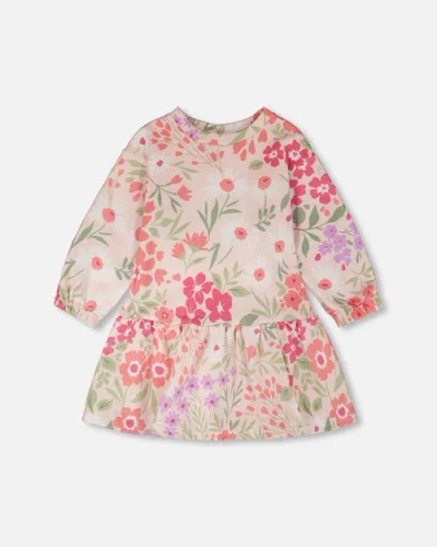 Deux Par Deux Babies'  French Terry Long Sleeve Printed Flowers Dress In Multi