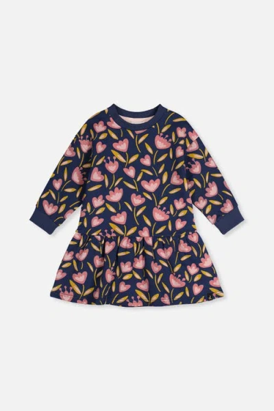 Deux Par Deux Kids'  French Terry Raglan Sleeve Gathered Skirt Dress In Multi