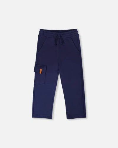 Deux Par Deux Kids'  French Terry Sweatpants With Cargo Pocket In Blue