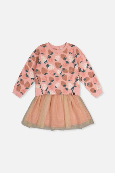 Deux Par Deux Kids' Bi-material Dress Pink Strawberry Print In Orange