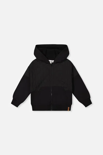 Deux Par Deux Kids' Full Zip Hooded Bi-material Cardigan Black