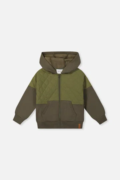 Deux Par Deux Kids' Full Zip Hooded Bi-material Cardigan Green