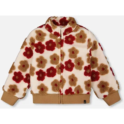 Deux Par Deux Kids'  Full Zip Jacket With Jacquard Floral In Brown