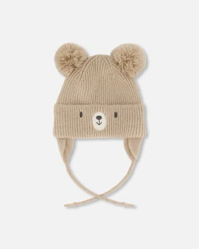 Deux Par Deux Babies'  Gender Inclusive Lined Knit Hat With Pompoms In Brown