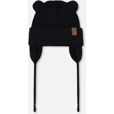 Deux Par Deux Kids'  Gender Inclusive Logo Patch Ribbed Knit Hat In Black