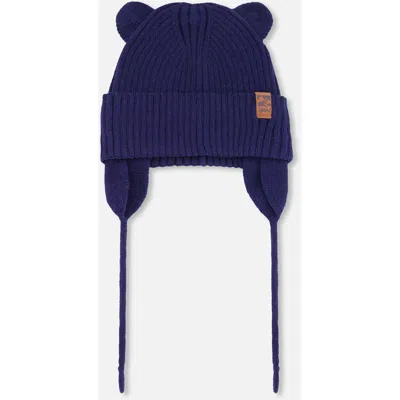 Deux Par Deux Kids'  Gender Inclusive Logo Patch Ribbed Knit Hat In Blue