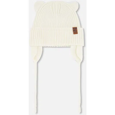 Deux Par Deux Kids'  Gender Inclusive Logo Patch Ribbed Knit Hat In White