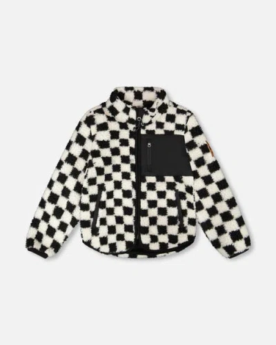 Deux Par Deux Kids'  Gender Inclusive Long Sleeve Fleece Jacket Checkerboard In Black